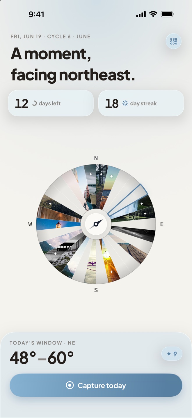 The Full Circle home screen: a compass ring filled with a month of photographs, with today's direction below.